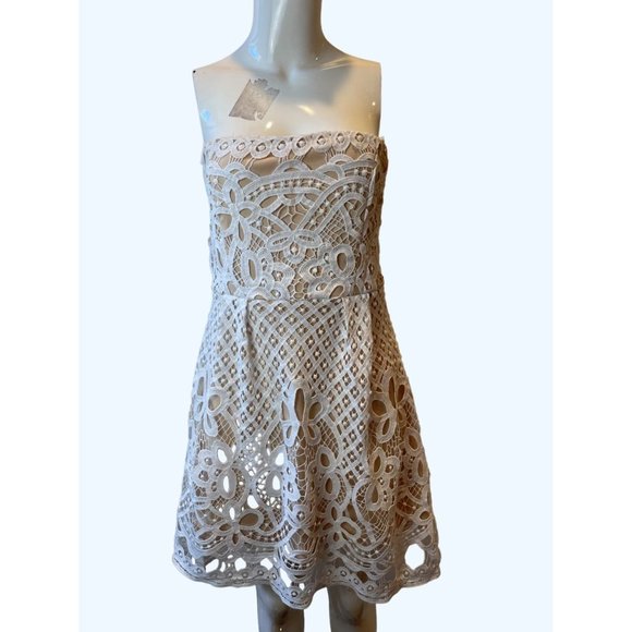 FRANCESCA'S Womens Giselle Strapless Lace Mini Dress Floral White & Cream Large - Picture 3 of 10